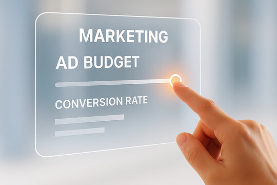 A finger adjusting marketing ad budget and conversion rate on a digital interface with slider controls