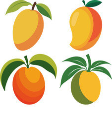 Set of four ripe mango fruits with leaves isolated on a white background illustration 