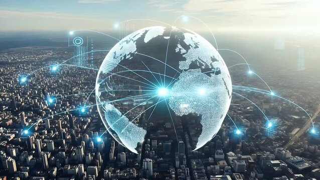 A futuristic digital globe hovers over a sprawling cityscape connected by glowing nodes - Powered by Adobe