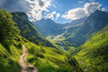 Fototapeta premium Lush mountain valley with a winding trail.
