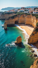 Algarve Portugal Top-Down Shot of Limestone Sea Caves Golden Beaches and Cliffside Resorts