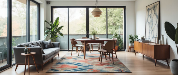 Stylish Retro-Inspired Open-Plan Living and Dining Area with Mid-Century Modern Aesthetic