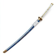 Naklejka premium Elegant katana with a blue scabbard, white tsuka, and gold accents, displayed against a white background