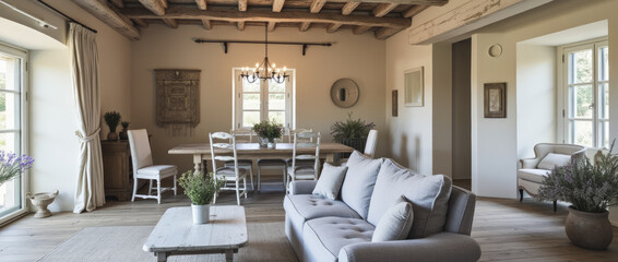 Rustic Yet Refined Open-Plan Living and Dining Area with Distressed Wood Beams and Soft Pastel Tones