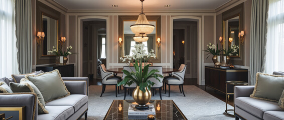 Glamorous Open-Plan Living and Dining Area with Art Deco Influences and Gray Velvet Sofa