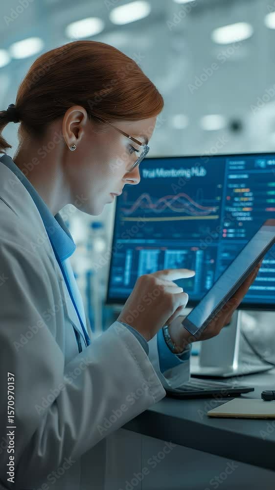 Poster analyzing data: a focused scientist meticulously examines data on a digital tablet within a high-tec