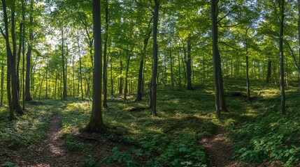 Fototapeta premium Green forest panorama scenery with lush trees and foliage