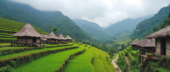 Ifugao Rice Terraces Philippines Wooden Stilt Houses with Thatch Roofs in Banaue