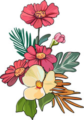 Summer bouquet of garden (meadow, field) flowers. Botanical digital illustration of flowers,blades of grass,twigs in a modern flat style with a black outline. Perfect for weddings,birthdays,branding