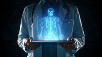 Doctor using tablet with hologram of human skeleton for medical diagnosis ai