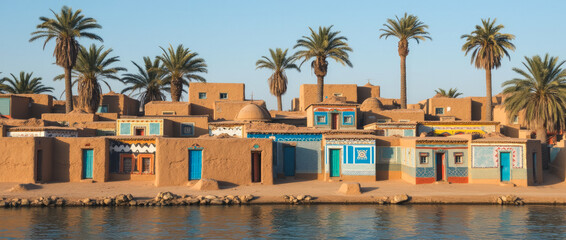Sudan Nubian Villages Along the Nile with Brightly Painted Mud Houses and Blue-White Patterns
