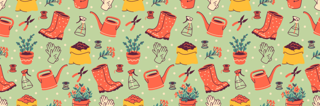 A colorful gardening seamless pattern showcasing essential tools like watering cans, gloves, and potted plants. Background for agriculture, countryside or farming inspired designs