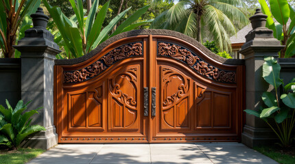 Carved Teak Garage Gate on a Luxury Balinese Retreat
