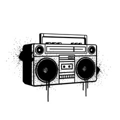 A stylized boombox with black ink splatter on a white background