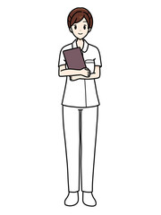 女性看護師の正面立ちポーズ　パンツスタイル　バインダー