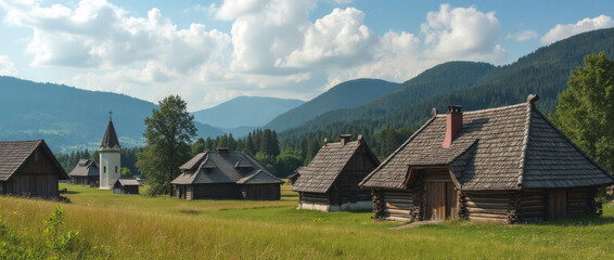 Traditional Wooden Houses with Steep Shingle Roofs and Ornate Carvings in Maramureș Romania