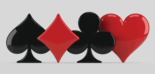 Glossy playing card suits spades diamonds clubs and hearts arranged in a row