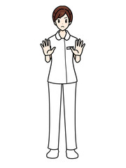 女性看護師の正面立ちポーズ　パンツスタイル　拒否するポーズ