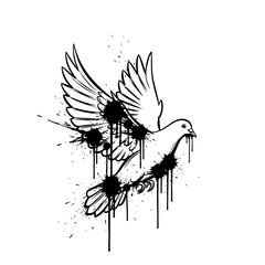 Obraz premium Sketch of a dove in flight with black ink splatters on white background