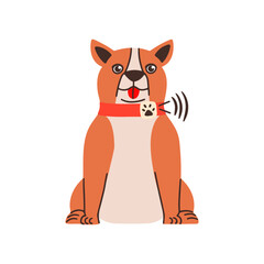 Bulldog dog in collars with gps location tracker. Smart accessory for pet. Vector flat illustration