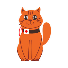 Cute cat with smart pet gps tracker on collar. Technological device for remote animal search. Vector hand draw illustration