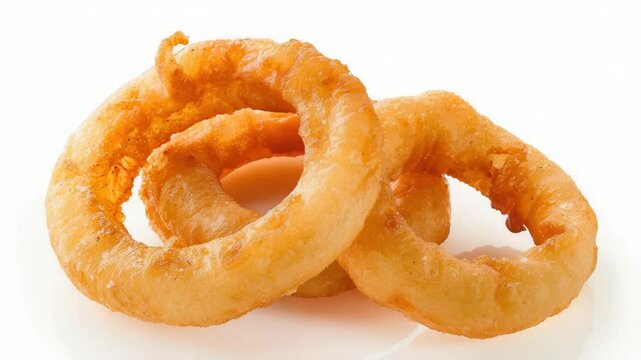 A pile of crispy onion rings on a white background, perfect for food and cooking 