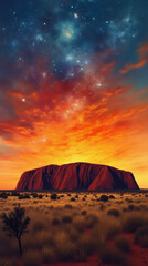 Mixed Media Uluru Sunset with Textured Fiery Sky