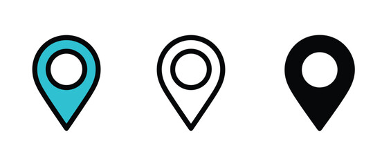 Three distinct map pin location icons in blue outline black outline and solid black