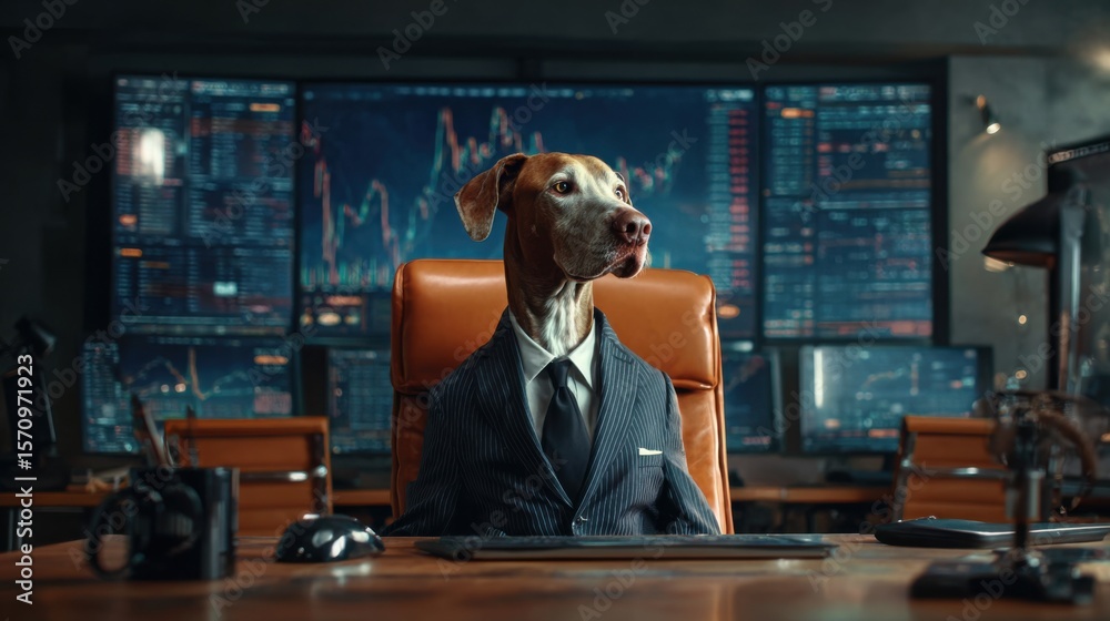 Fototapete in a chic office setting, a large virtual screen displays live stock market movements with graphics.