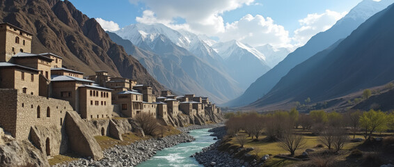 Hunza Valley Pakistan Stone and Mud-Brick Homes Clinging to Cliffs Surrounded by Mountains