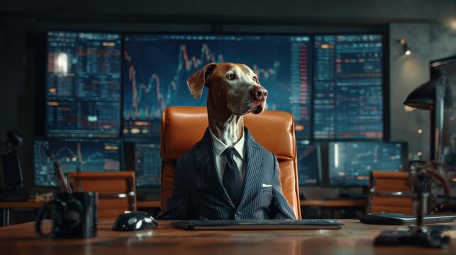 In a chic office setting, a large virtual screen displays live stock market movements with graphics. In front of the desk, a female dog in a suit is focused on the screen with a serious expression.
