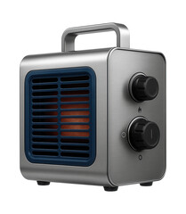 Fototapeta premium Compact gas heater with a stainless steel casing and carrying handle for temporary office heating in construction areas.