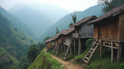 Vietnam Sa Pa Lao Cai Province Hmong-Style Wooden Stilt Houses in Mountain Village