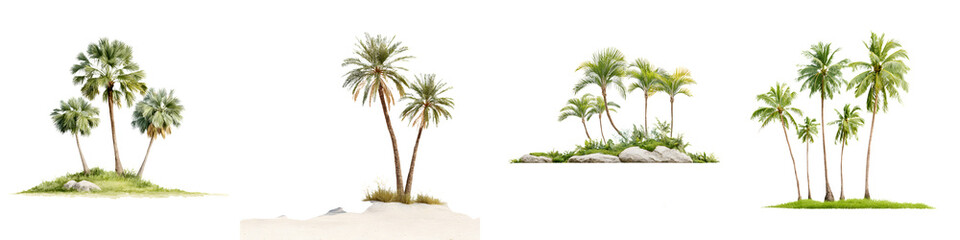 Tropical Island Palm Tree Clusters on White Background - Collection