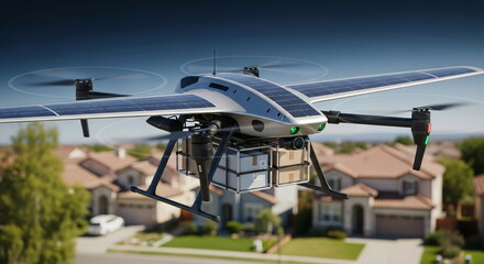 Delivery drone flying over residential area. Automated parcel delivery service featuring modern quadcopter with solar panels. Future logistics concept.
