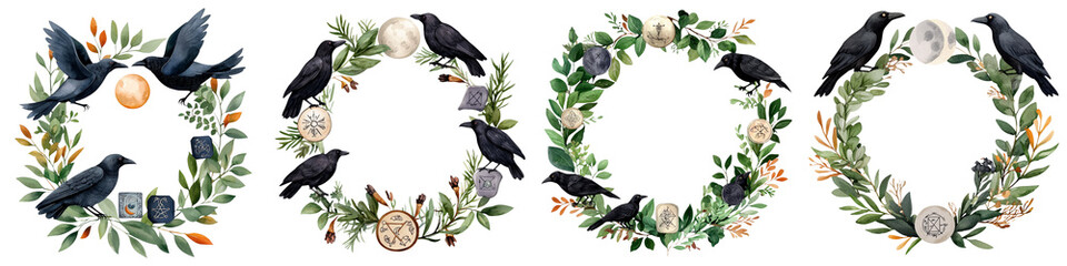 Fototapeta premium Halloween wreath in watercolor, Four circular wreaths composed of black ravens, green leaves, and white moons with mystical symbols arranged around each wreath.