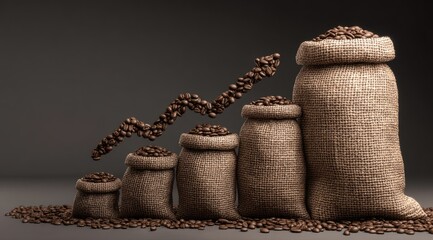 Fototapeta premium Five burlap sacks of increasing size filled with coffee beans, forming an upward trend with a bean arrow. Dark grey background