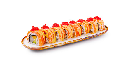 Colorful sushi rolls arranged on a decorative plate at a dining table