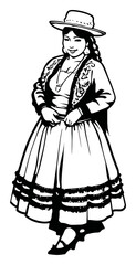 Fototapeta premium Hand Drawn Illustration of a Woman in Traditional Attire with Hat