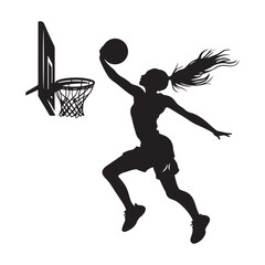 vector silhouette of a female basketball player slam dunk, scoring the ball to the net, transparent background 