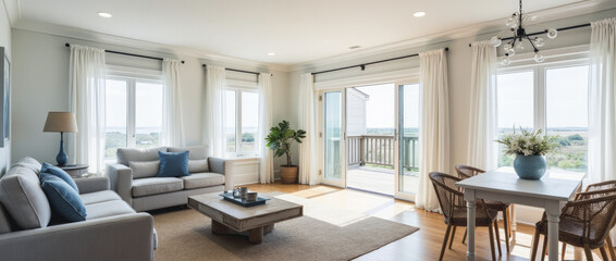 Breezy Open-Plan Living and Dining Area with Coastal Charm and Gray Linen Sofa