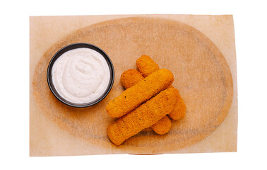 Delicious breaded cheese sticks served with creamy dipping sauce