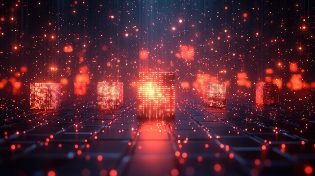 Glowing cubes on grid, red particles. Abstract digital design with a futuristic atmosphere