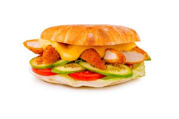Delicious chicken sandwich with fresh vegetables and melted cheese