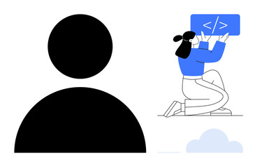 Developer kneeling with a code window, large black user profile icon, and a minimalist cloud. Ideal for coding, web development, user interface design, technology, apps, team building simple landing