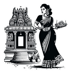 Elegant Indian Woman in Traditional Attire Presenting Food Near Temple