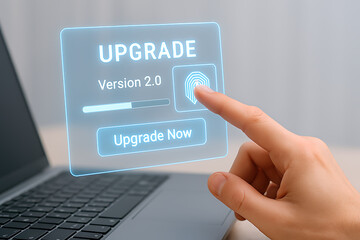 Finger touching upgrade now button on transparent screen over laptop for version upgrade process