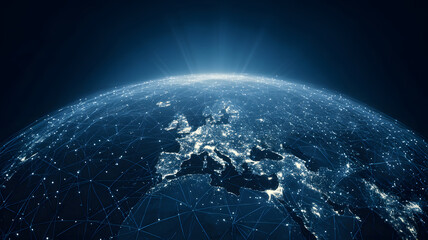 Obraz premium Earth globe at night with illuminated cities and interconnected network lines on dark blue