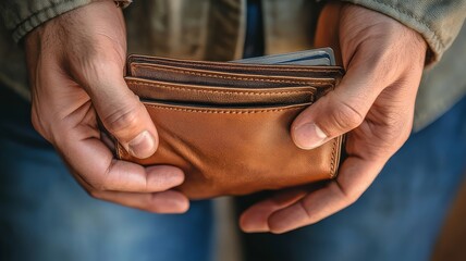 Close-up of hands holding a brown leather wallet, showing contents.
