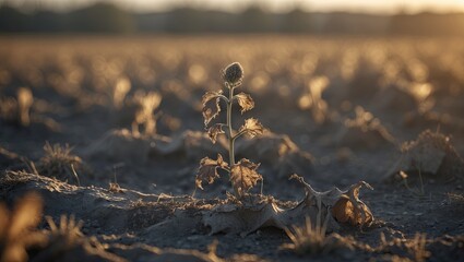 Standing solitary dried thistle plant emerging from cracked farmland soil, with curled dead leaves